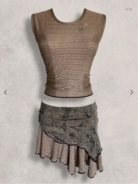 Women’s Taupe Two-Piece Skirt Set with Textured Top